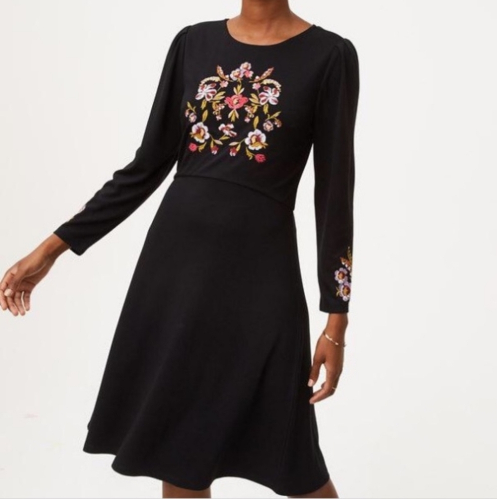 Ann Taylor LOFT Black Embroidered Long Sleeve Fit And‎ Flare Dress